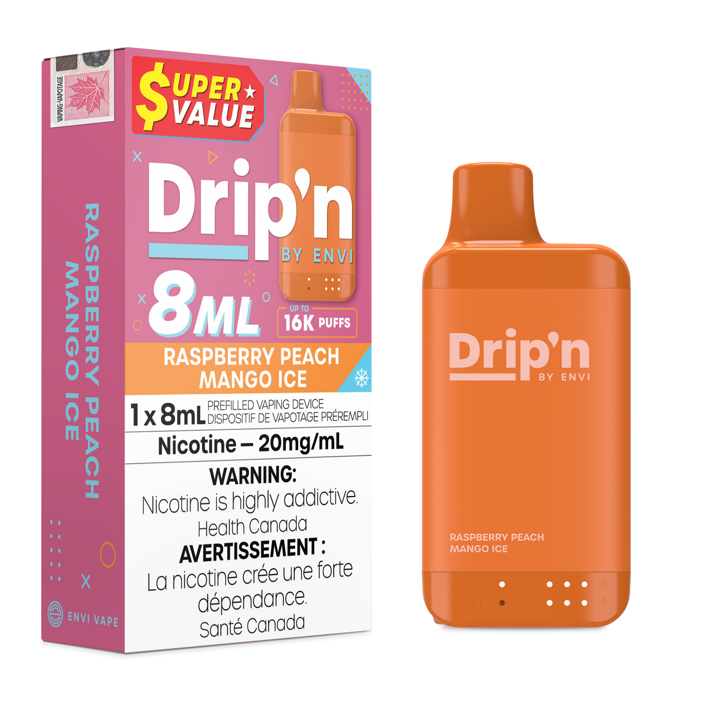 Drip'n by Envi 8ML Disposable - Raspberry Peach Mango Ice