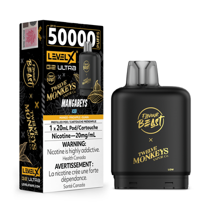 Vape device and packaging with 'Flavour Beast' and 'Twelve Monkeys Vapor' branding on a white background.