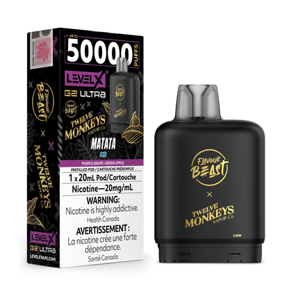 Vape device and packaging with 'Flavour Beast' and 'Twelve Monkeys Vapor' branding on a white background.