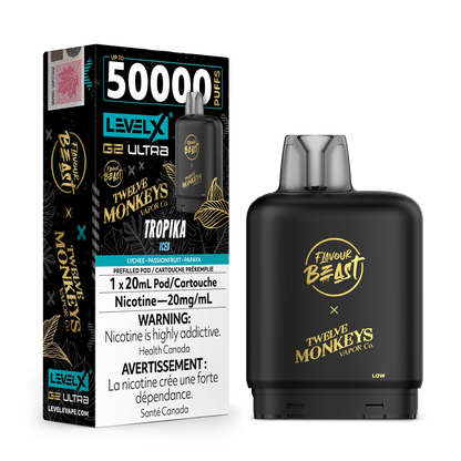 Vape device and packaging with 'Flavour Beast' and 'Twelve Monkeys Vapor' branding on a white background.