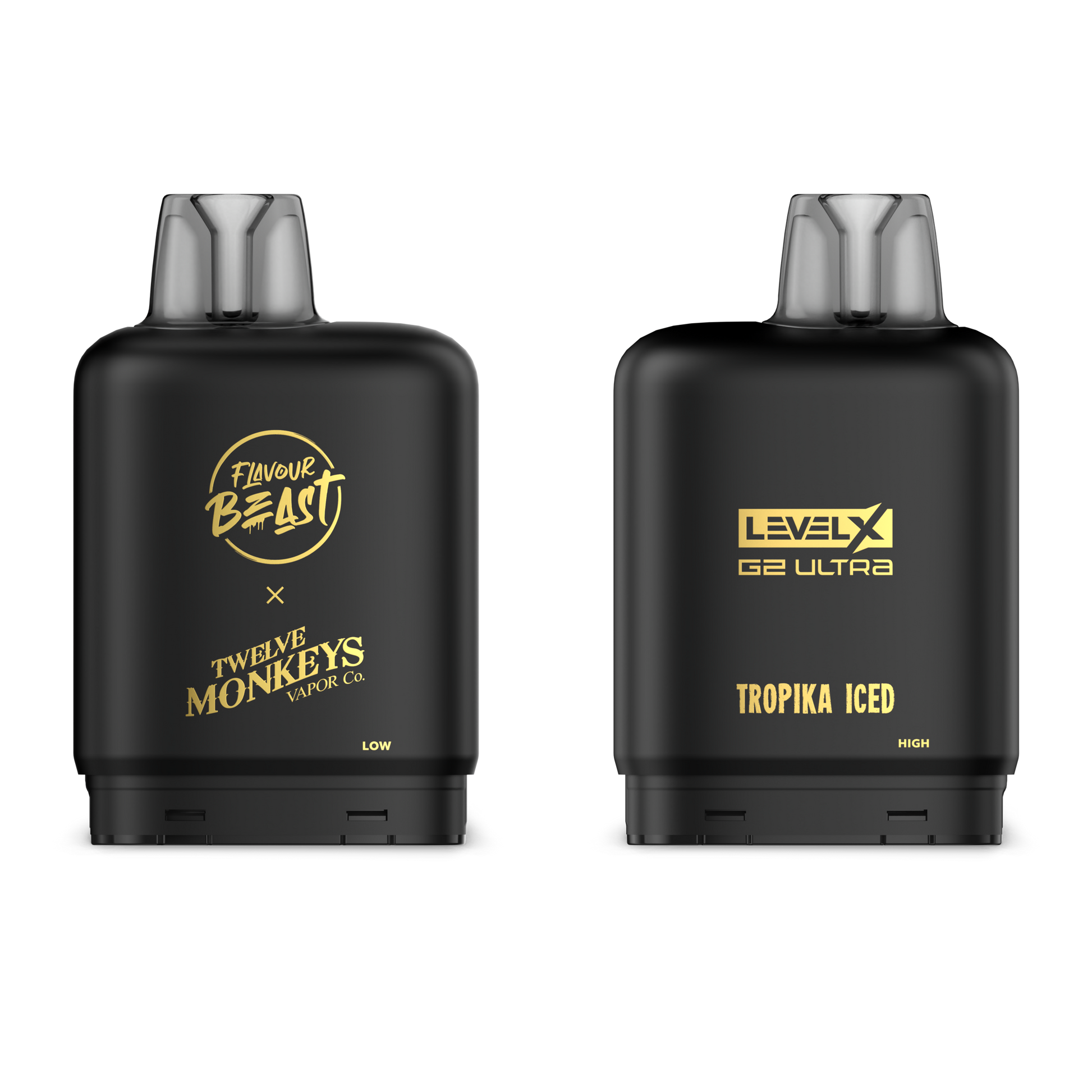 Two black vape devices with gold text on a white background