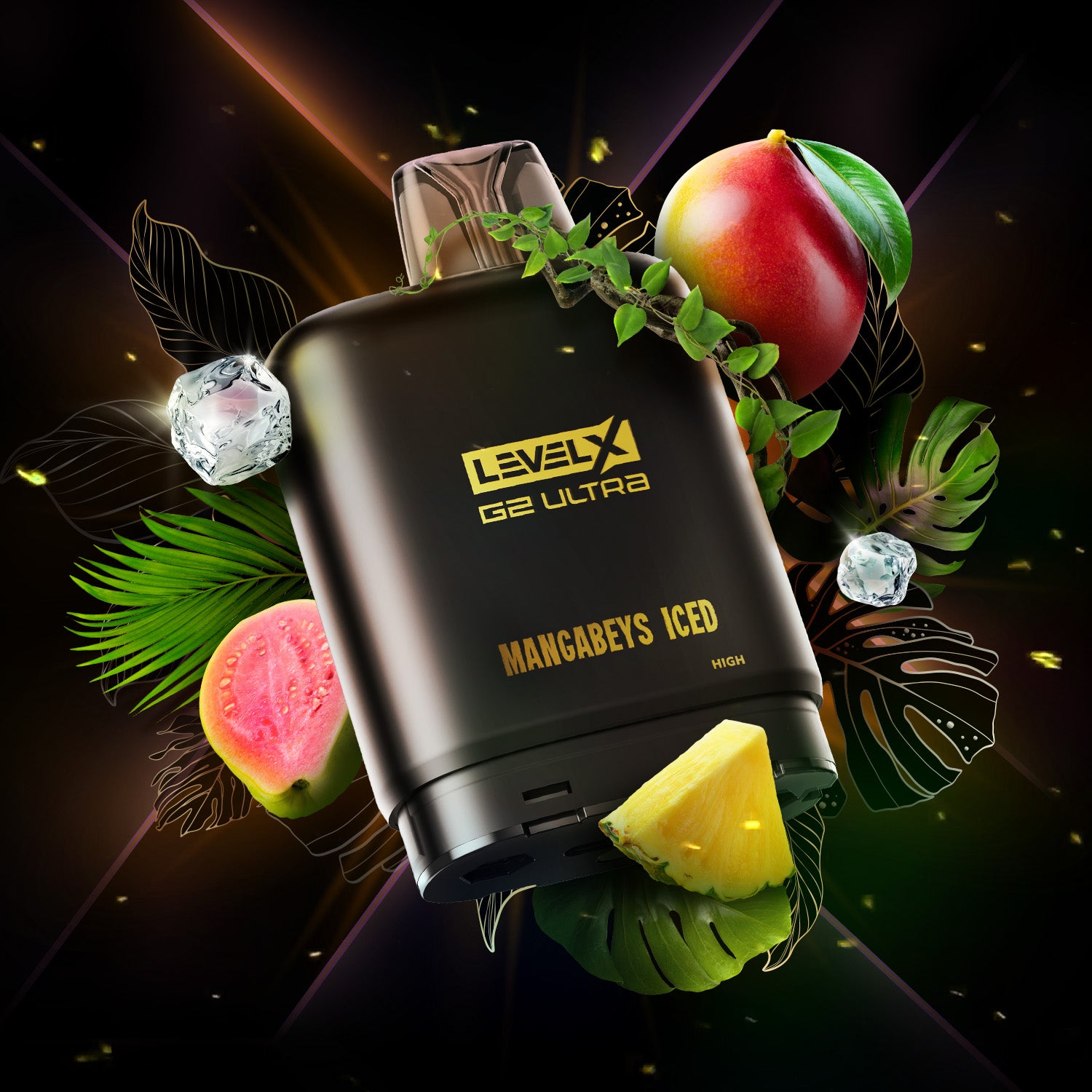 Level X G2 Ultra vape device with tropical fruits on a dark background
