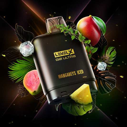 Level X G2 Ultra vape device with tropical fruits on a dark background