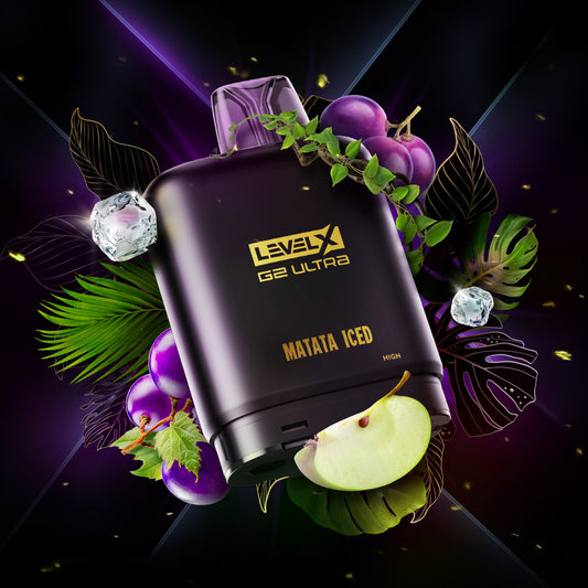 Level X G2 Ultra vape device with grapes and apple on a dark background