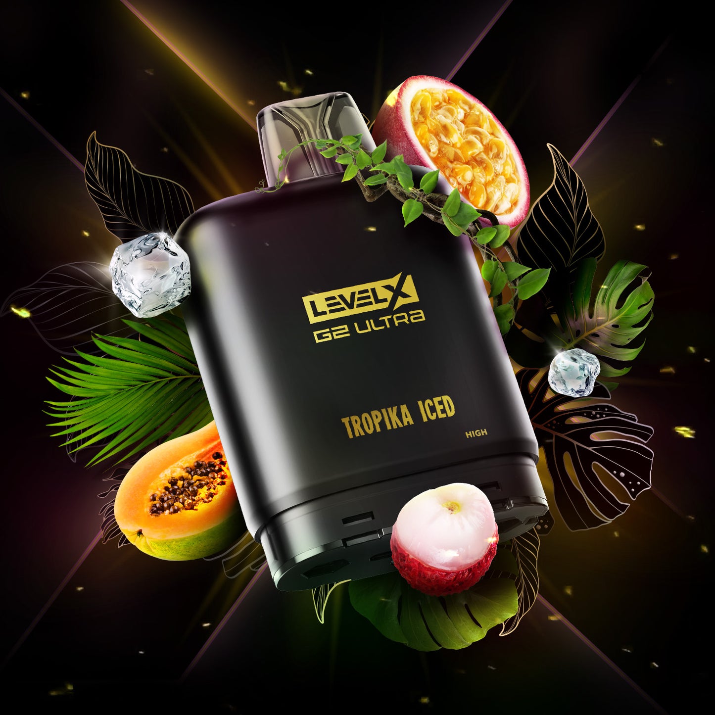 LEVELX G2 Ultra Tropika Iced vape device with tropical fruits on a dark background